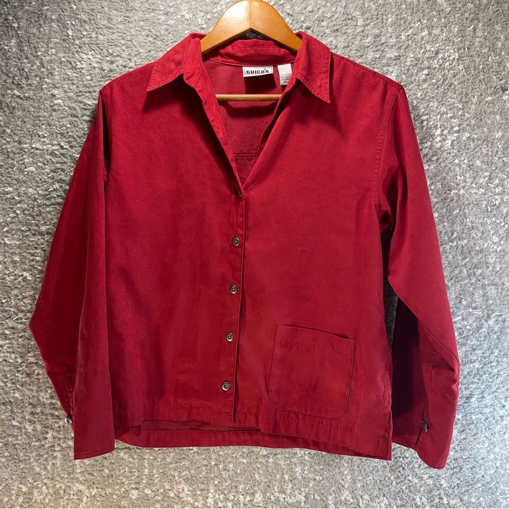 Chicos Design 0 Button Up Shirt Faux Suede Feel Red Long Sleeve Top Polyester